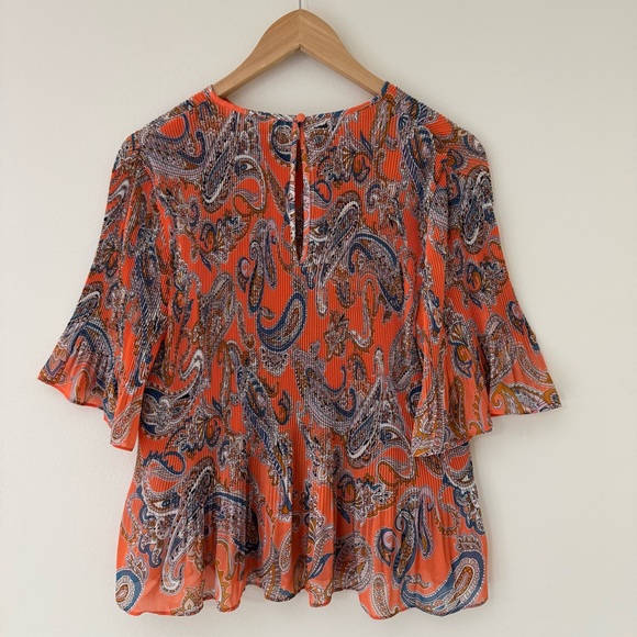 Boden Flutter-Sleeve Plisse Blouse Orange Jelly, Paradise Pop Paisley Sz 12 EUC - Picture 6 of 16